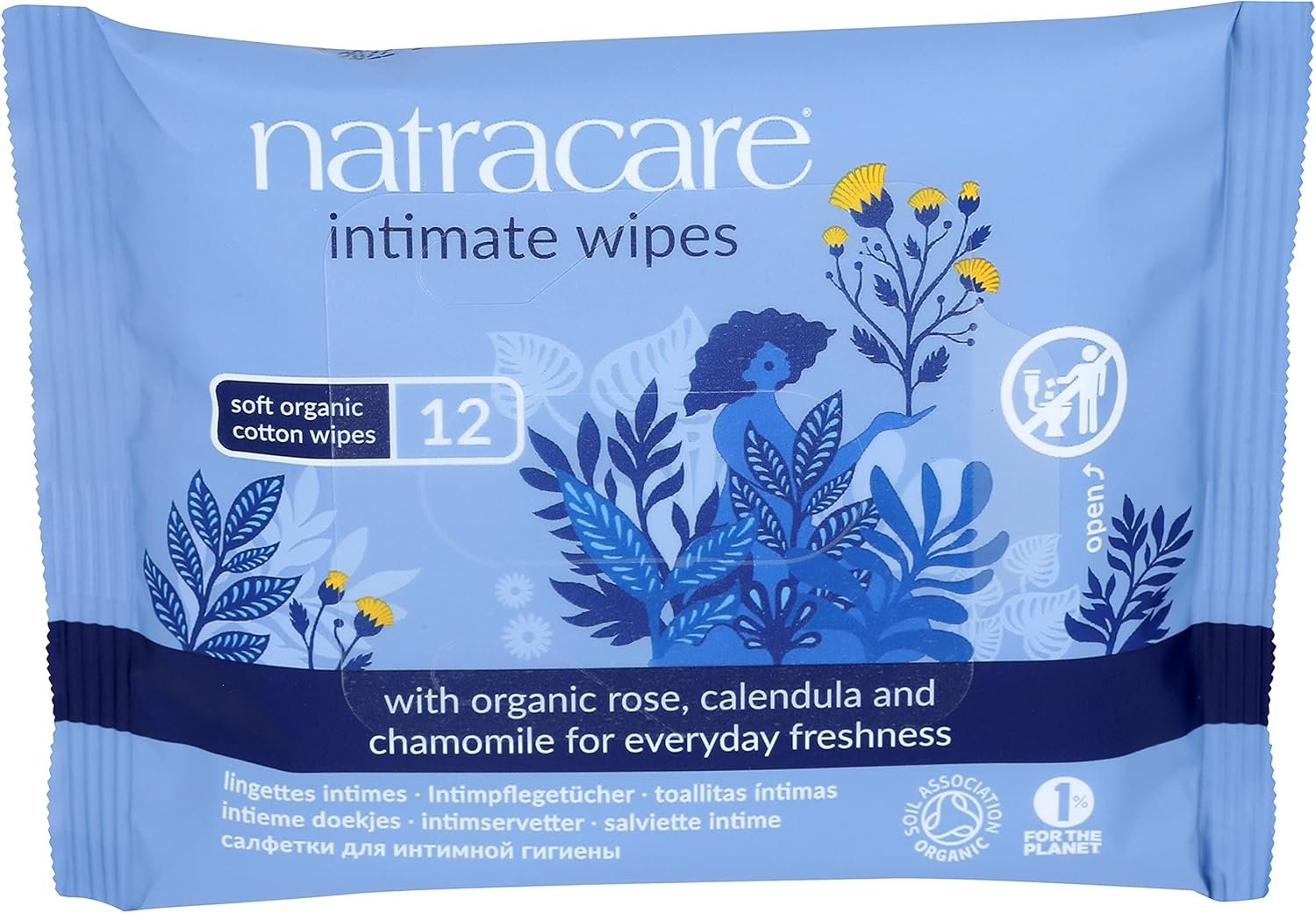 Natracare Organic Cotton Intimate Wipes Infused with Organic Essential Oils of Chamomile, Calendula and French Rose, 12 Wipes per pack (1 Pack, 12 wipes total)
