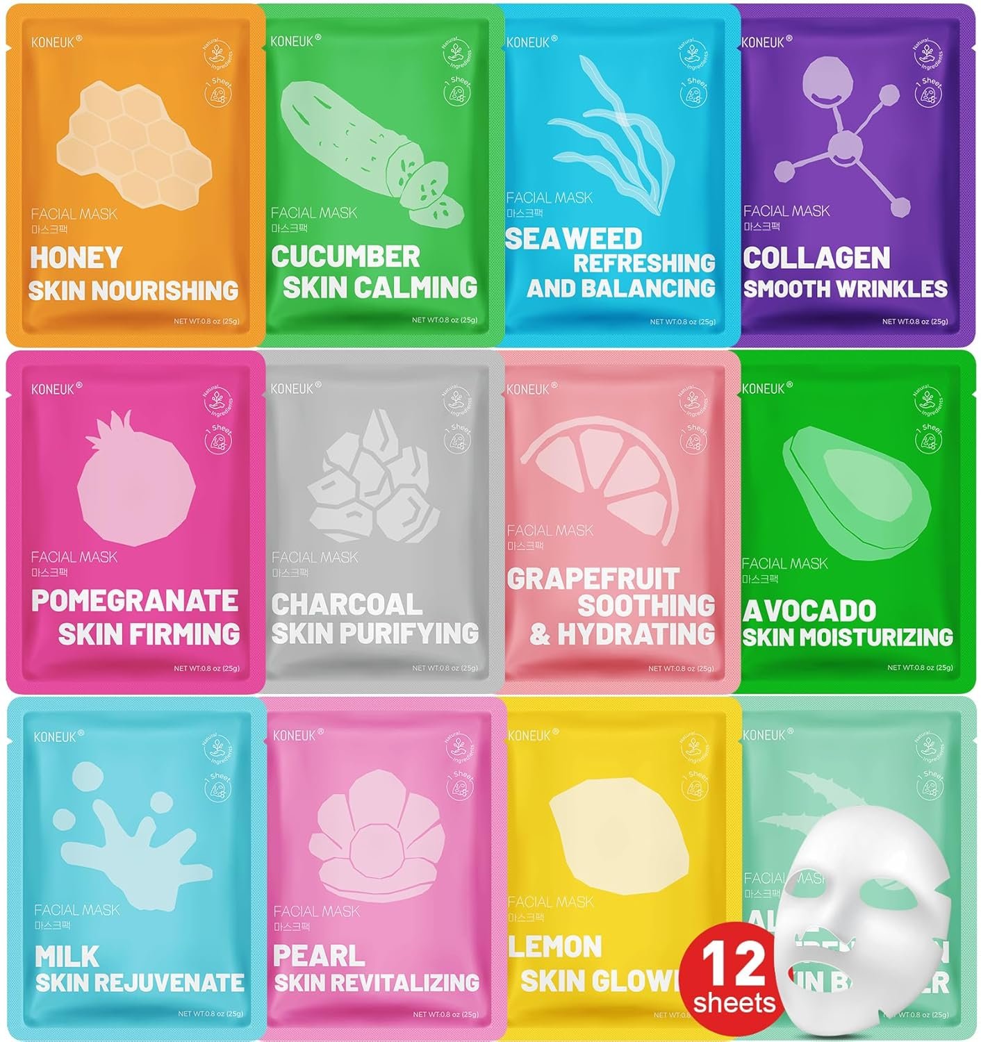 KONEUK 12 Pack Collagen Hydrating Face Masks Skincare, Sheet Face Mask for All Skin Types, Facial Masks Set for Women Skin Care, Face Mask Bulk Spa Gifts for Women