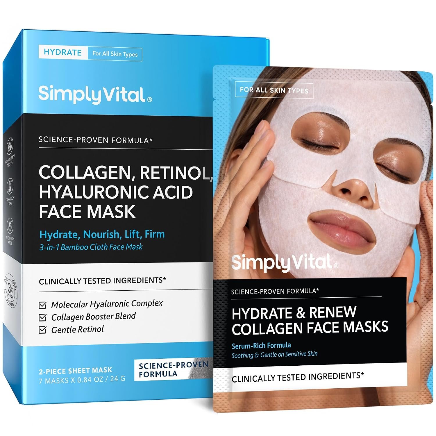 SimplyVital Collagen Facial Mask with Retinol & Hyaluronic Acid – Hydrating Face Masks Skincare – T Line & V Line Sheet Mask for Women Skin Care – Mascarillas Para la Cara – Cloth Face Masks – 7 Pack