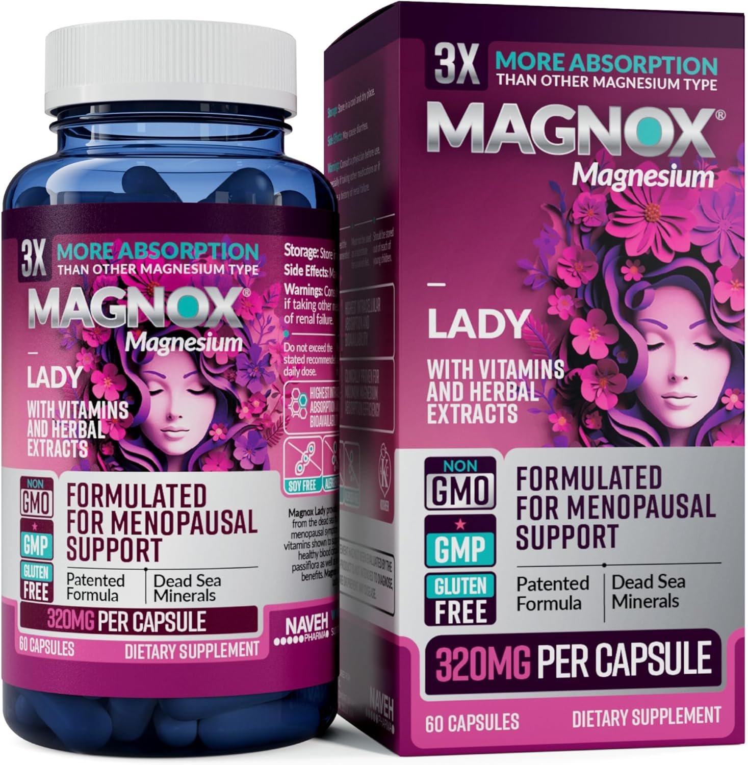 MAGNOX® Lady Magnesium Supplement | Menopause and PMS Support Supplement for Women | Magnesium Complex with Vitamins B6, B1, B12, D, Zinc | High-Absorption Dead Sea Organic Magnesium | 60 Capsules