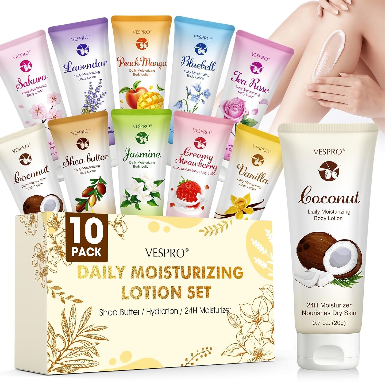 VESPRO 10 Pack Moisture Lotion Set for Dry Skin, Travel Size Body & Hand Lotion for Women, Mini Body Lotion with Shea Butter, Bulk Gift for Women, Graduation Gifts, Teacher Gift, Thank You Gifts