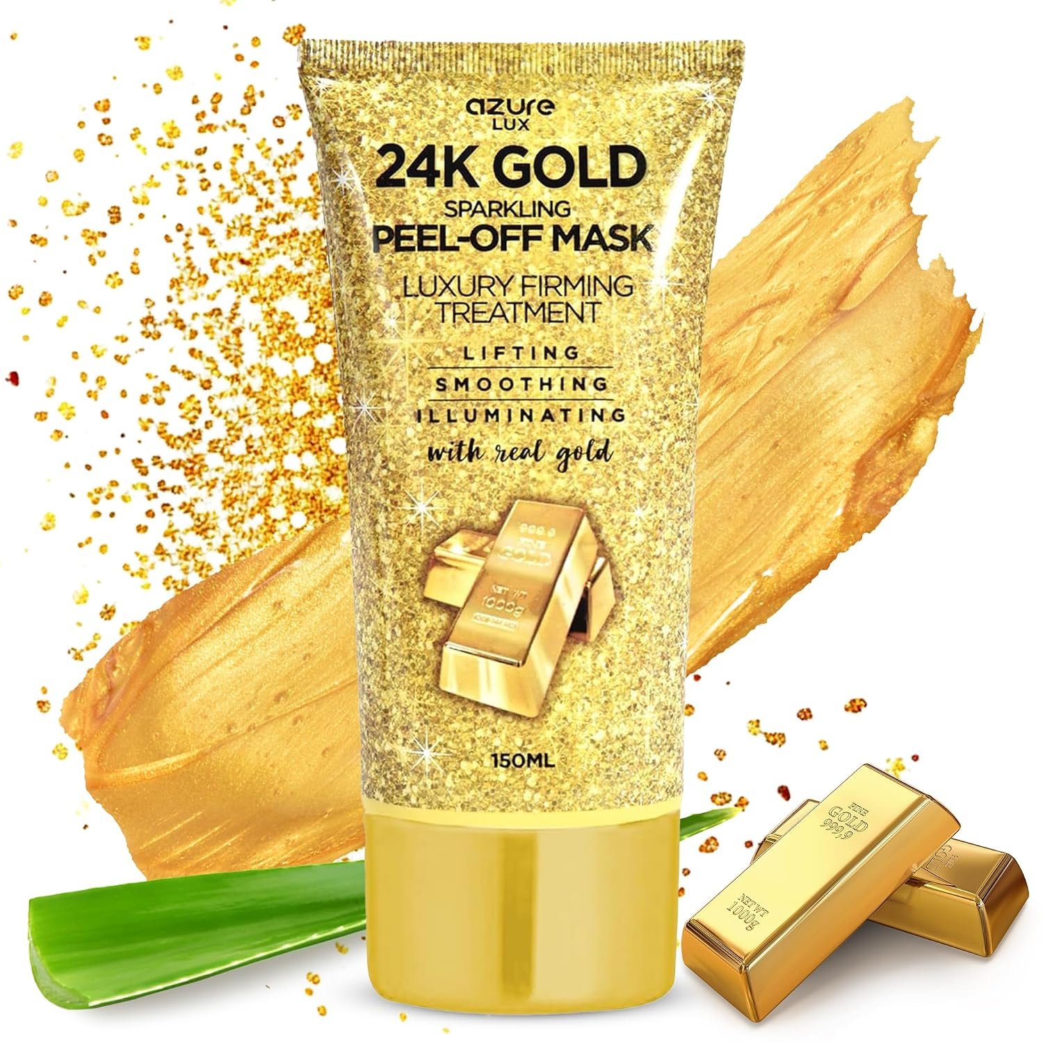AZURE 24K Gold Firming Peel Off Face Mask- Anti Aging, Lifting, Illuminating & Revitalizing – Removes Blackheads, Dirt & Oils – With Hyaluronic Acid and Collagen – Skin Care – 150mL