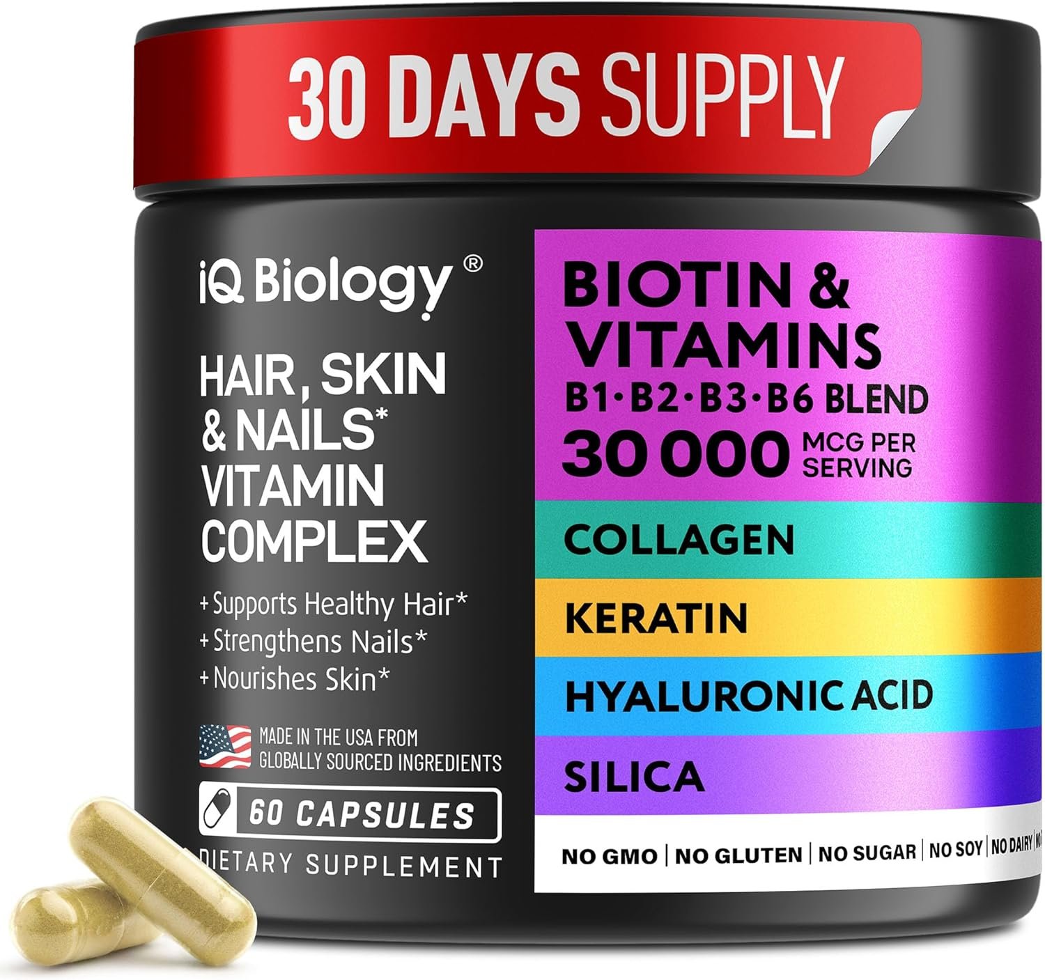 Biotin 10,000 mcg Supplement for Hair Growth with Collagen & Keratin for Hair Loss & Thinning Hair – Hair Skin and Nails Vitamins for Women & Men – Healthy Regrowth, Skin Glow & Nail Repair – 60 Caps