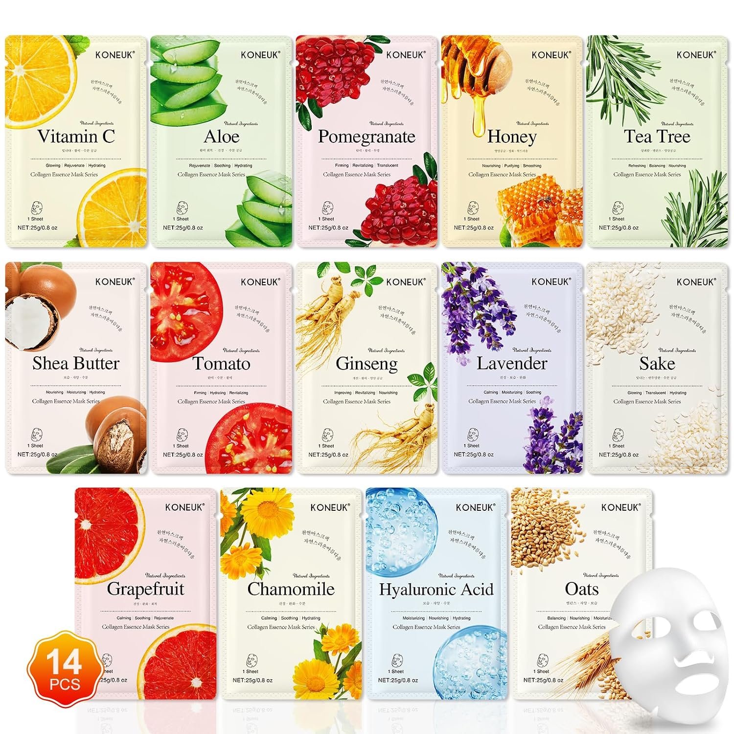 KONEUK 14 Pack Sheet Face Masks Skincare, Hydrating Face Masks Suitable for Dry Skin, Bulk Facial Mask Set for Women Skin Care, Face Mask Gifts Set for Face Spa