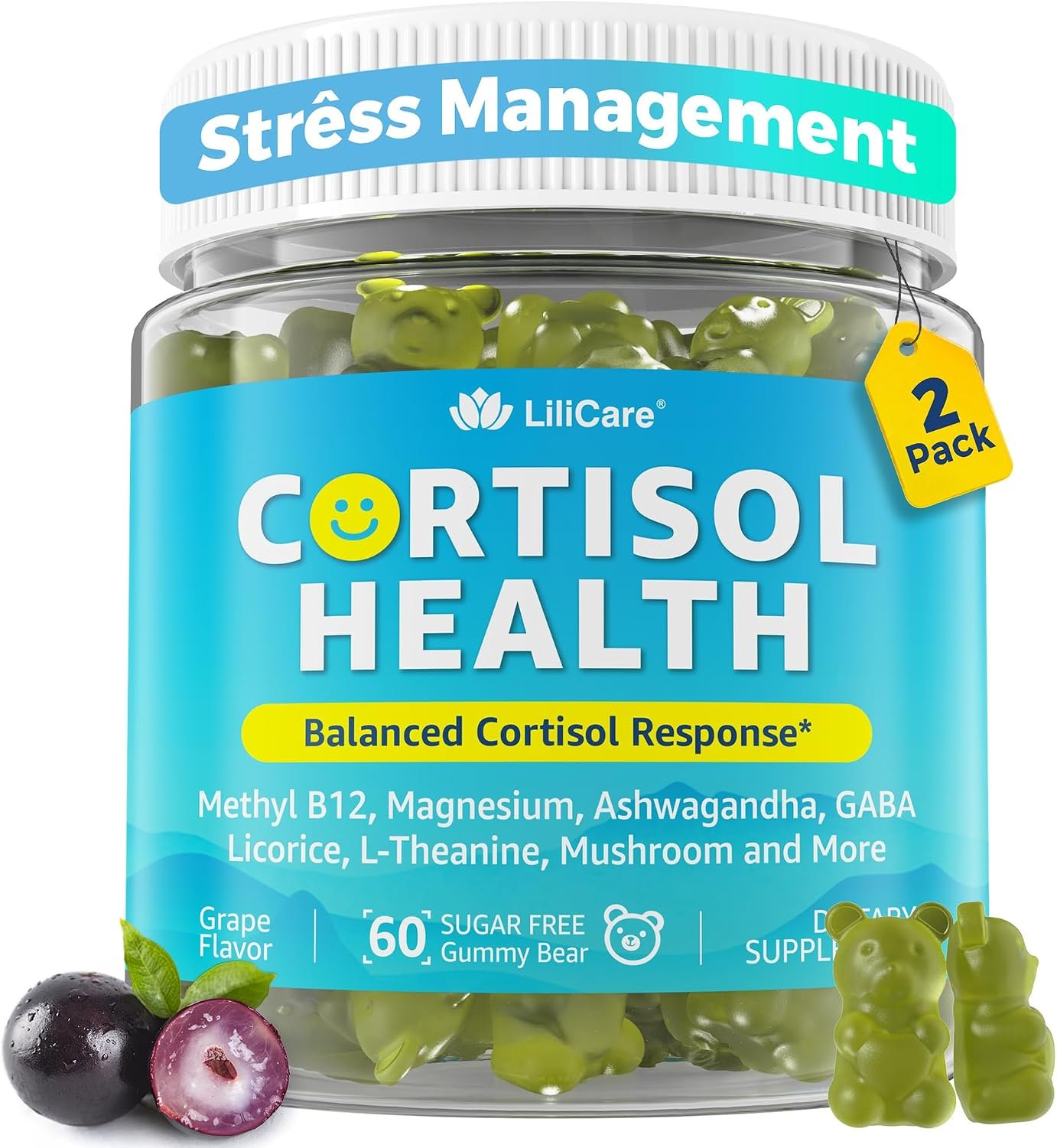 Cortisol Gummies for Women & Men, Sugar Free Cortisol Reducer Supplements w/ Magnesium, Ashwagandha, Mushroom, L-theanine, Rhodiola, Vitamin B6 B12 for Cortisol Detox, Relax, Sleep Support 2 Pack