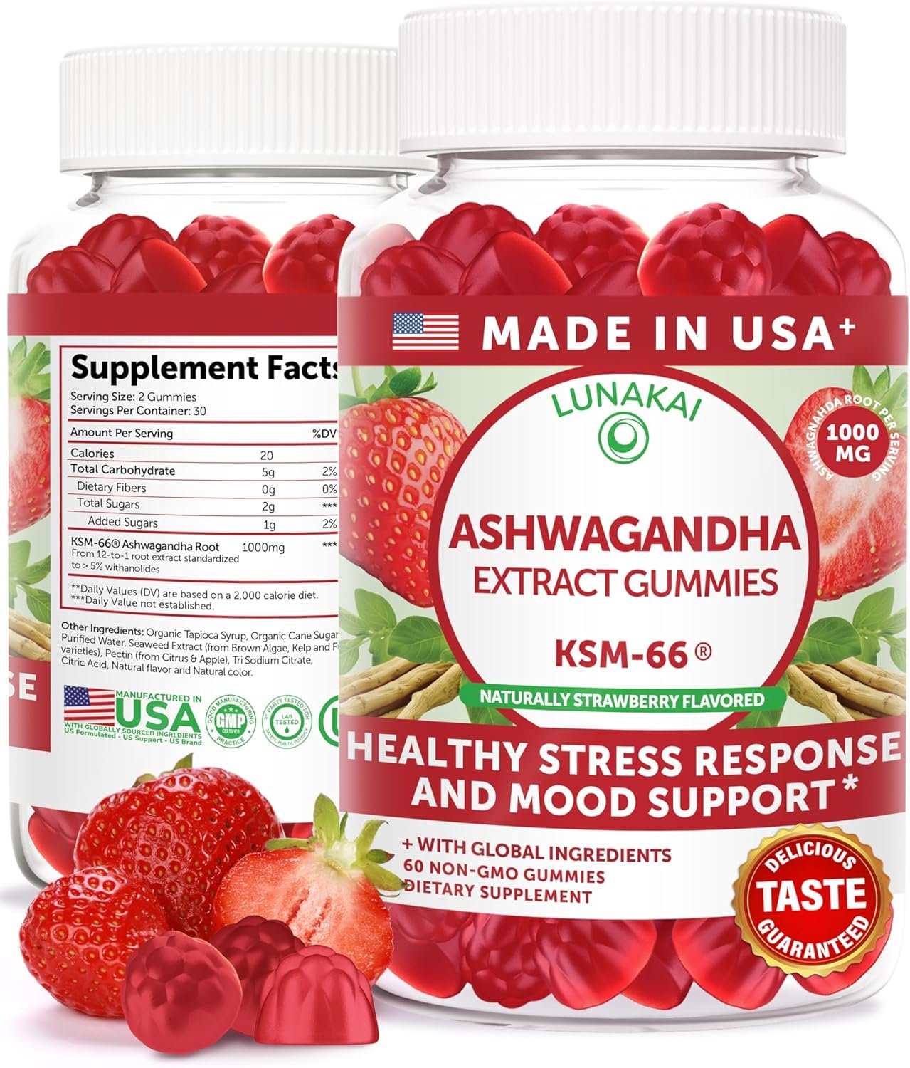 Lunakai USA Made KSM-66 Ashwagandha Gummies for Women & Men – Daily Vegan Supplement for Stress, Mood & Sleep Support, 60ct