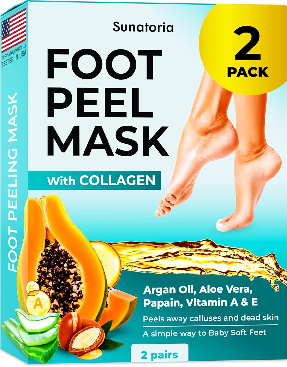 SUNATORIA Foot Peeling Mask (2 Pack) – Exfoliating Foot Mask for Dry Cracked Feet & Calluses – Baby Soft Touch Foot Peel Mask with Aloe Vera – Peeling Socks for Men & Women