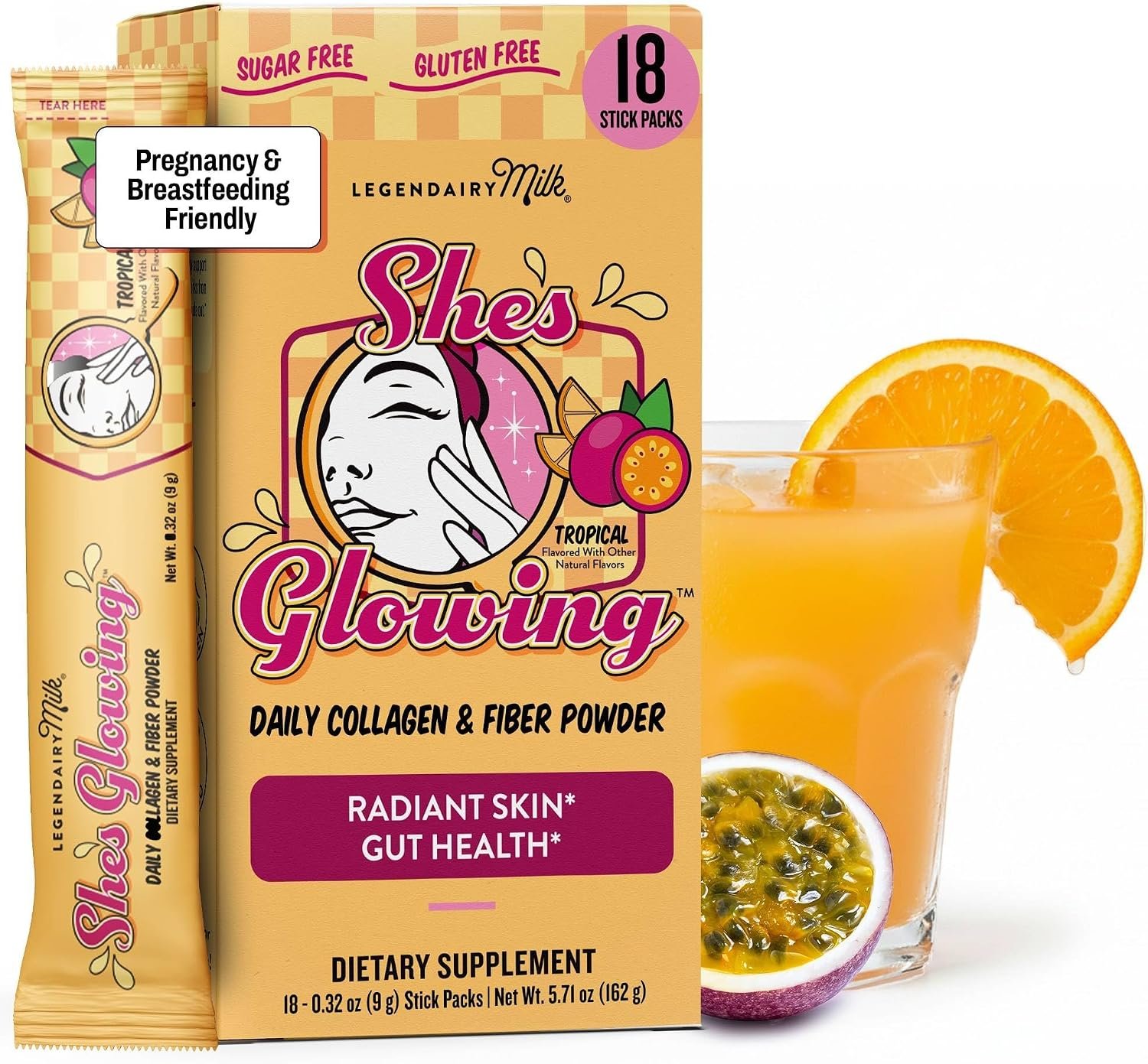 Legendairy Milk She’s Glowing Collagen Peptides Powder with Prebiotic Fiber, Tropical Drink Mix Supplement for Women, Digestive Support & Daily Wellness, 18 Stick Packs