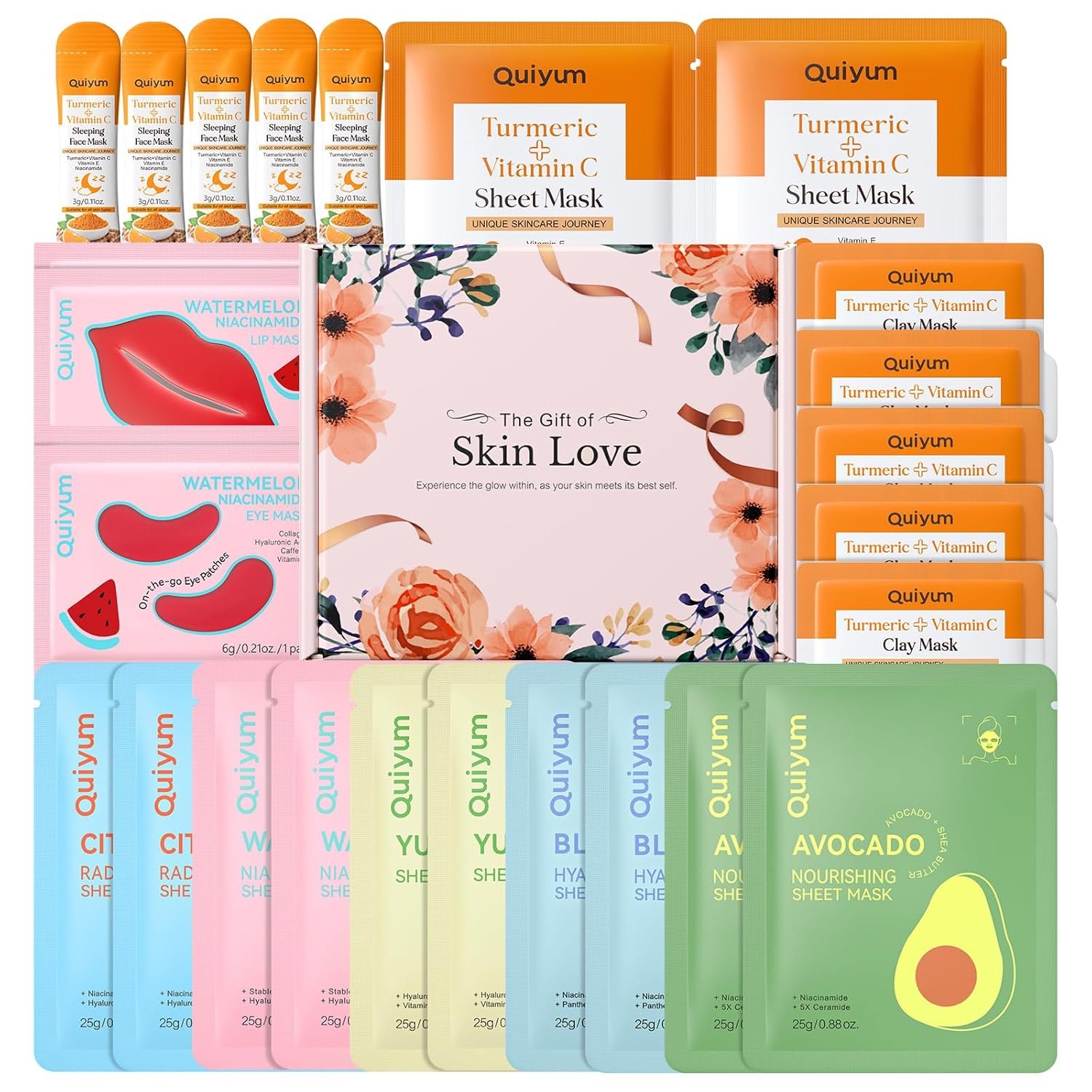 QUIYUM Skincare Set – 26PCS Face Masks & Lip-Eye Masks, Fruit & Turmeric VC Masks Gifts for Women Teen Girls, Travel Size Toiletries for Mother’s Day Christmas Birthday