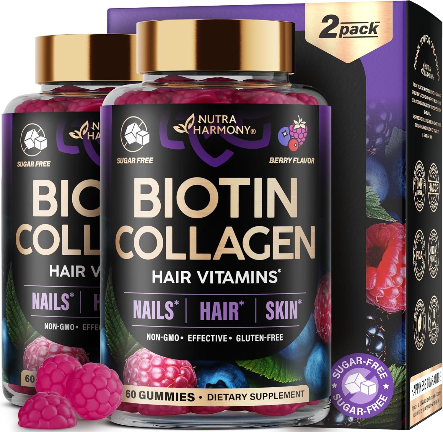 Biotin Gummies with Collagen – Hair Growth Support Skin, & Nail Strength – for Women & Men – Biotin 10000mcg | Keratin | Hyaluronic Acid | B-Complex | Saw Palmetto – Sugar-Free, Mixed Berry, Pack of 2