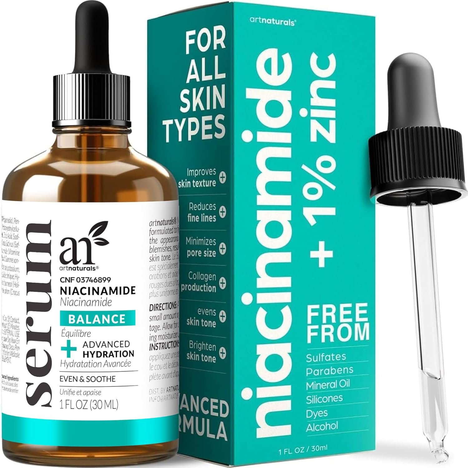 Artnaturals Niacinamide Face Serum, 10% Active Niacinamide with 1% Zinc PCA & Vitamin B3 – Hyaluronic Acid, Pore Reducer, Mineral Blemish Protection, 1 oz