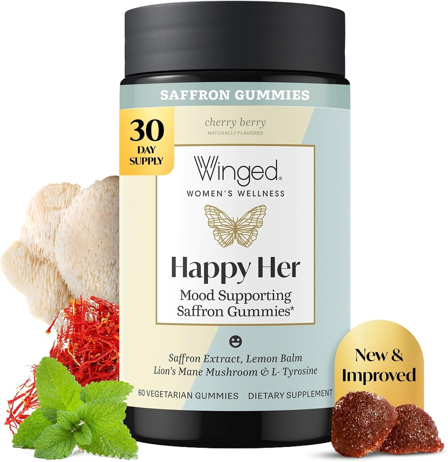 Winged Wellness Happy Her Mood Gummies – Daily Mood Enhancer Support Supplement for Women – Saffron, L-Tyrosine, Lemon Balm, & Lions Mane Mushrooms for Balance & Calming Relief – 60 Vegan Gummies