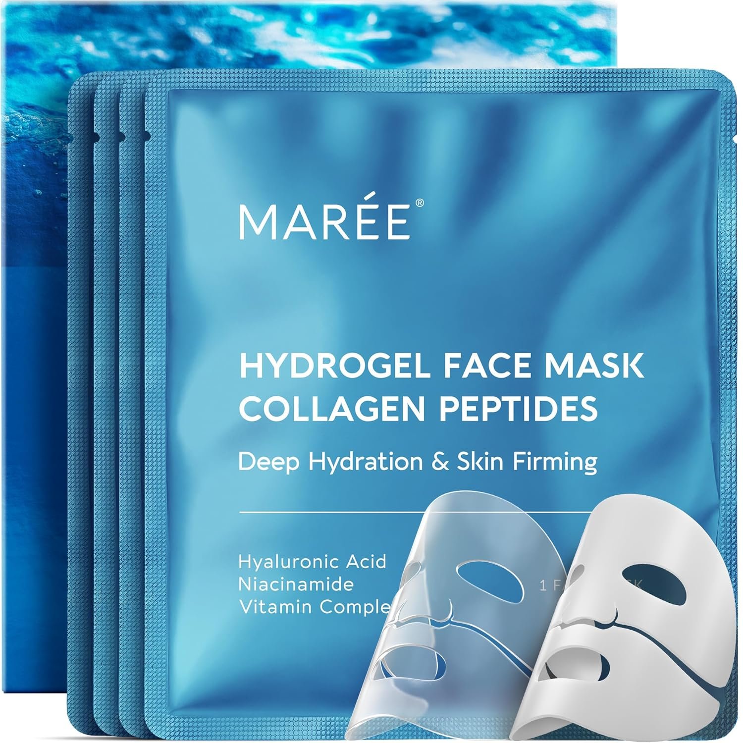 MAREE Hydrogel Collagen Facial Mask with Hyaluronic Acid — Hydrating Face Masks Skincare — Niacinamide, Amino Acids & Red Algae Extract — Facial Masks For Women — Mascarillas Para La Cara — 4 Count