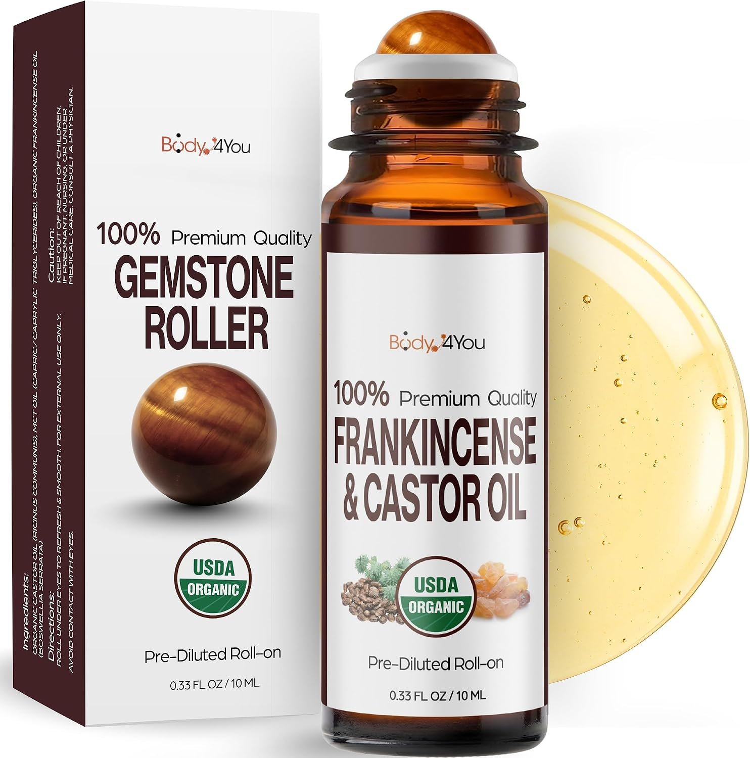 Castor Oil Frankincense Essential Oil Roll On for Face Eyebrows Under Eye – 100% Pure USDA Organic MCT Coconut – Dark Circles Fine Lines Facial Skin Care Serum – Gemstone Roller 10ml Travel Size