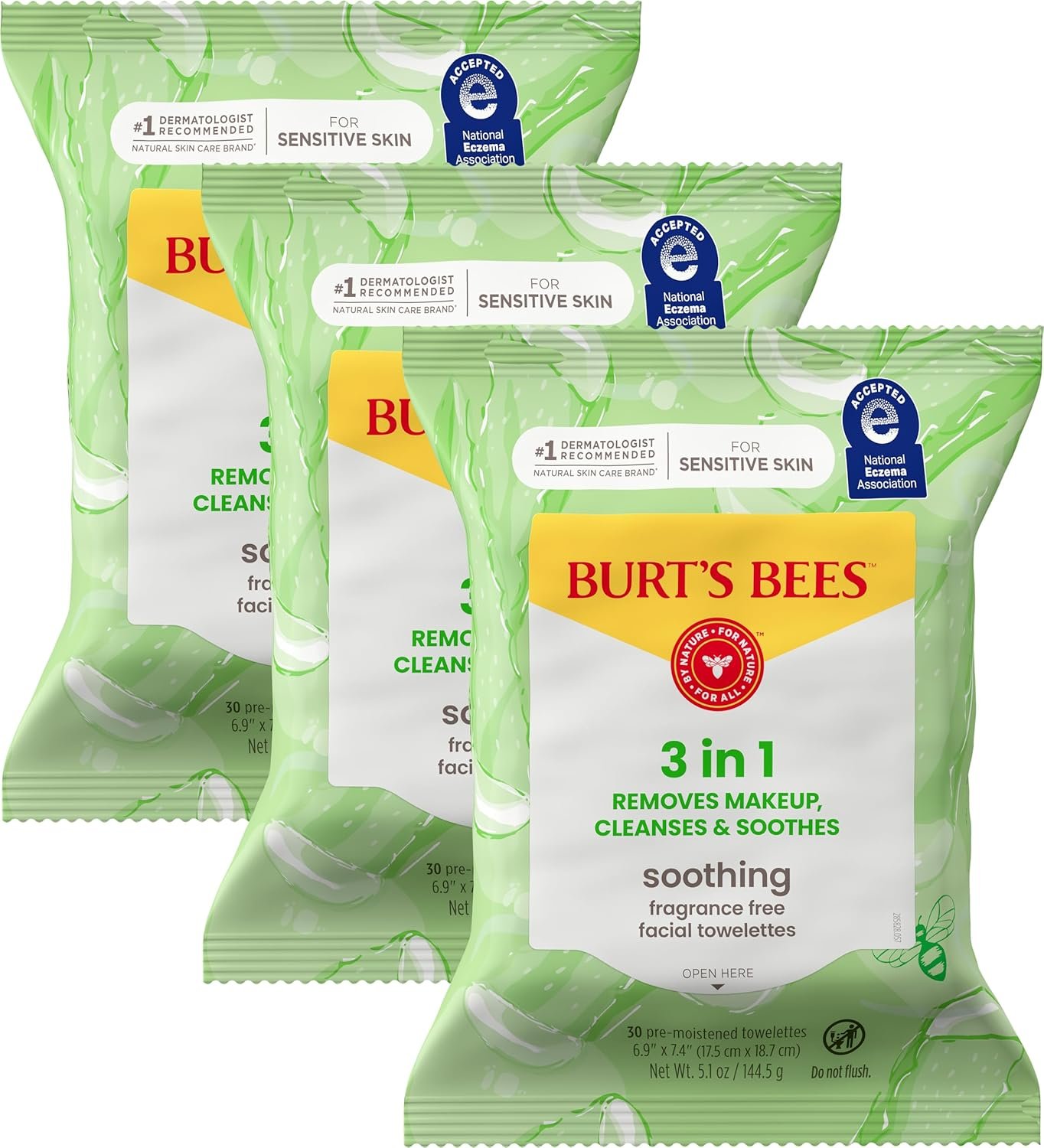 Burt’s Bees Soothing, Fragrance Free Facial Towelettes for Sensitive Skin, Aloe Vera, 100% Plant Based Cloths; 99% Natural Origin; Removes Makeup, Dirt and Oil; No Rinsing; 30 Ct, Pack of 3 (Pack May Vary)