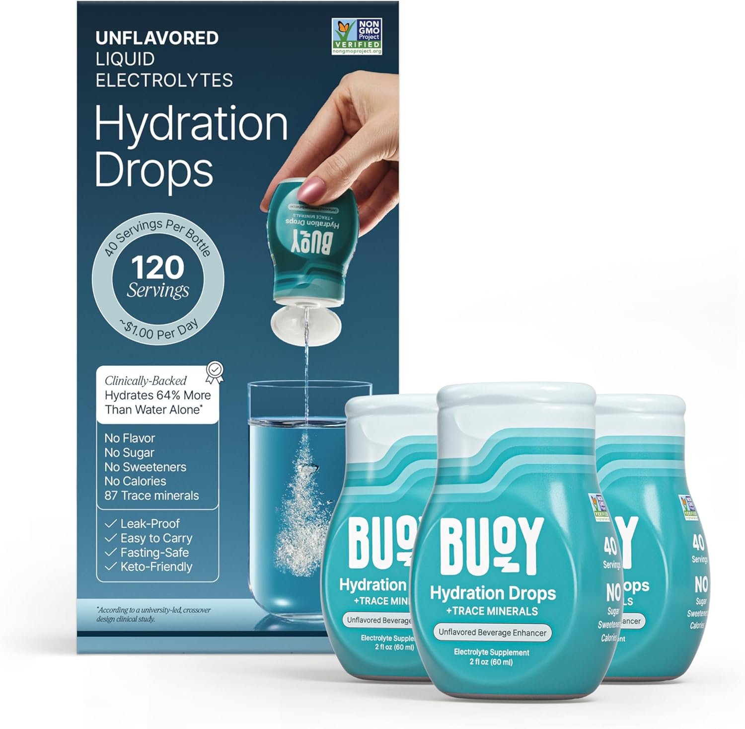 Buoy Electrolyte Drops | 120 Servings | No Sugar, No Sweeteners | 87+ Trace Minerals, Vitamins & Antioxidants | Subtle Mineral Taste | Hydration Supplement – Unflavored 3 Pack