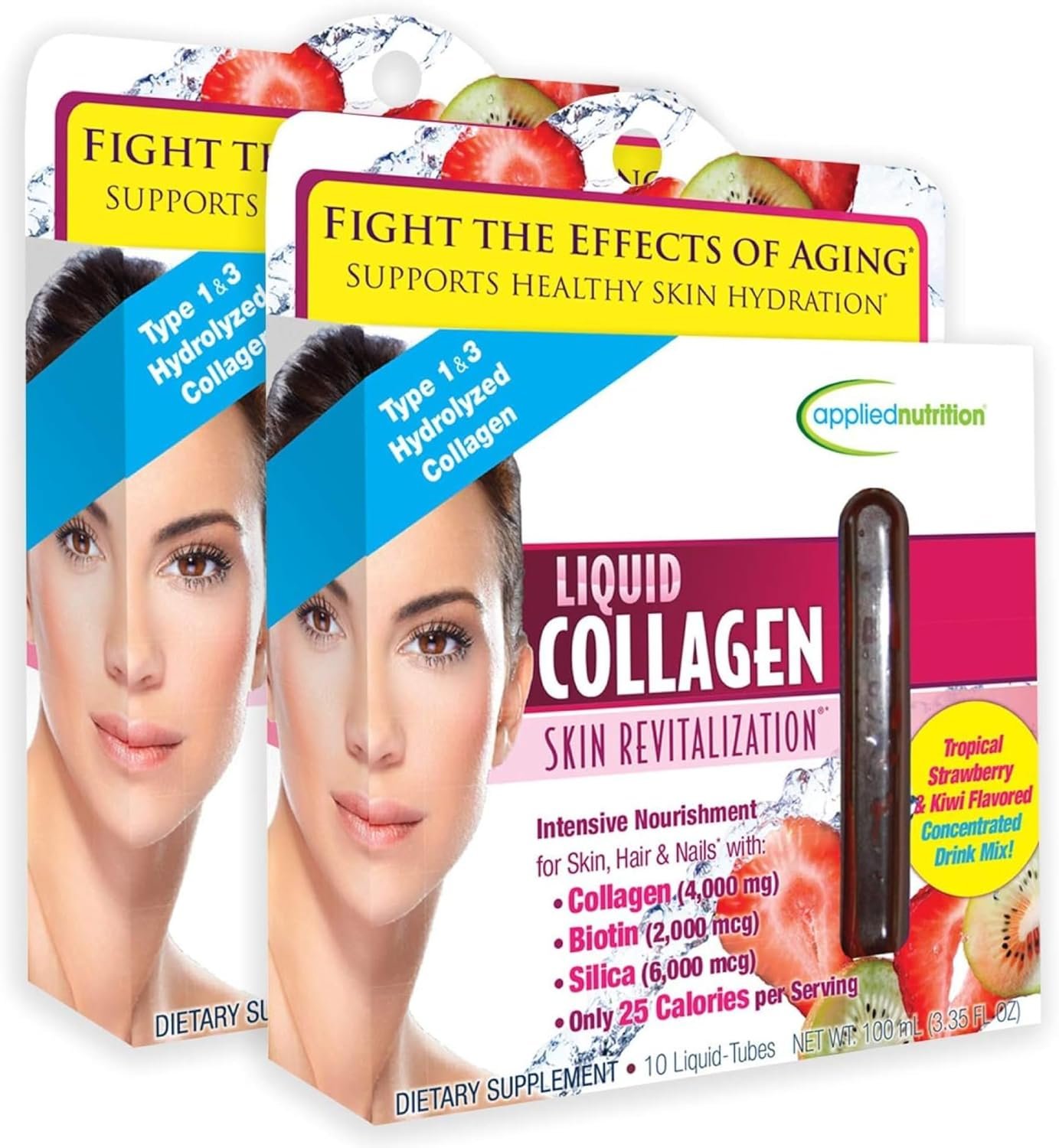Applied Nutrition Liquid Collagen Skin Revitalization – 10 Liquid Tubes, Pack of 2 – Collagen, Biotin & Silica – Tropical Strawberry & Kiwi Flavor – 20 Servings