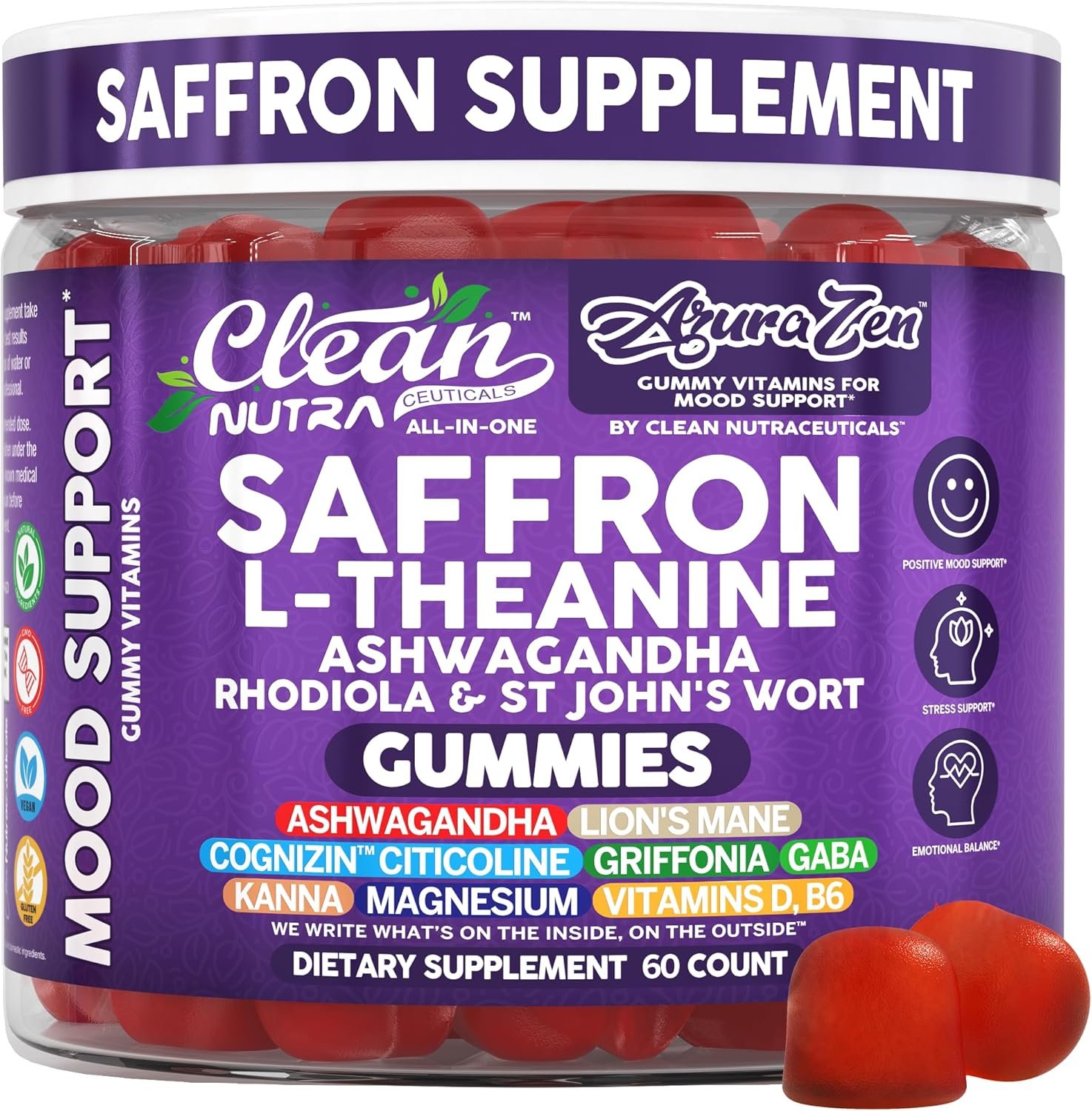AuraZen Mood Support Saffron Gummies L-Theanine Ashwagandha Rhodiola St John’s Wort Lions Mane GABA Vitamin D Magnesium Supplement | Calm Vegan Plant-Based Herbal Gummy By Clean Nutra