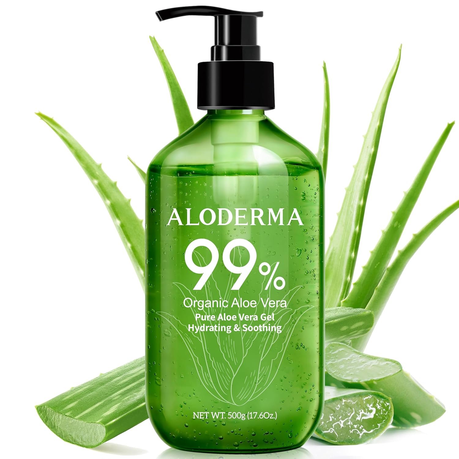 Aloderma Aloe Vera Gel – Large 17.6oz Value Pump – Made within 12 Hours of Harvest with 99% Organic Aloe Vera, Lightweight, Non-Sticky for Sunburns, Natural, Soothing Aloe Vera for Face & Hair