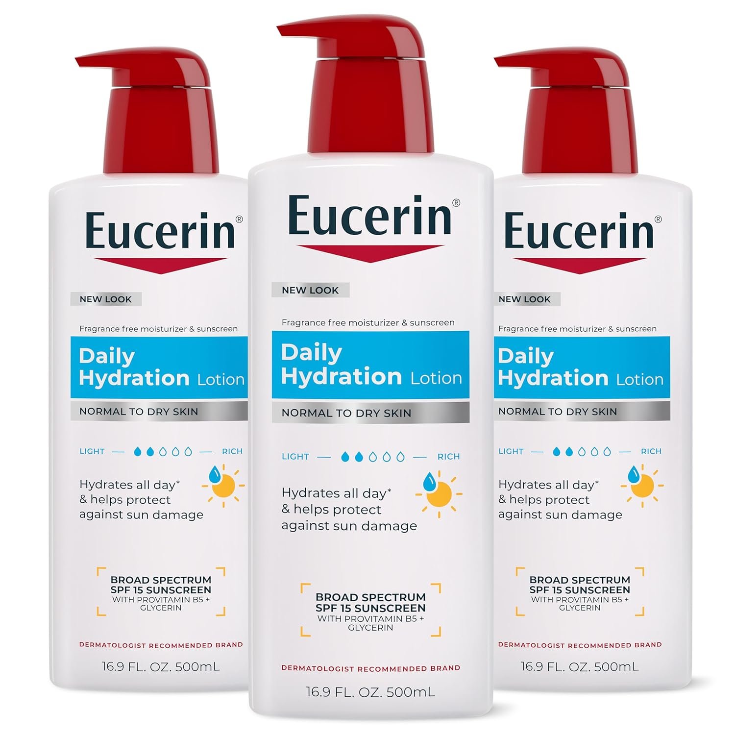Eucerin Daily Hydration Lotion with SPF 15 – Broad Spectrum Body Lotion for Dry Skin – 16.9 fl. Oz. Pump Bottle (Pack of 3)