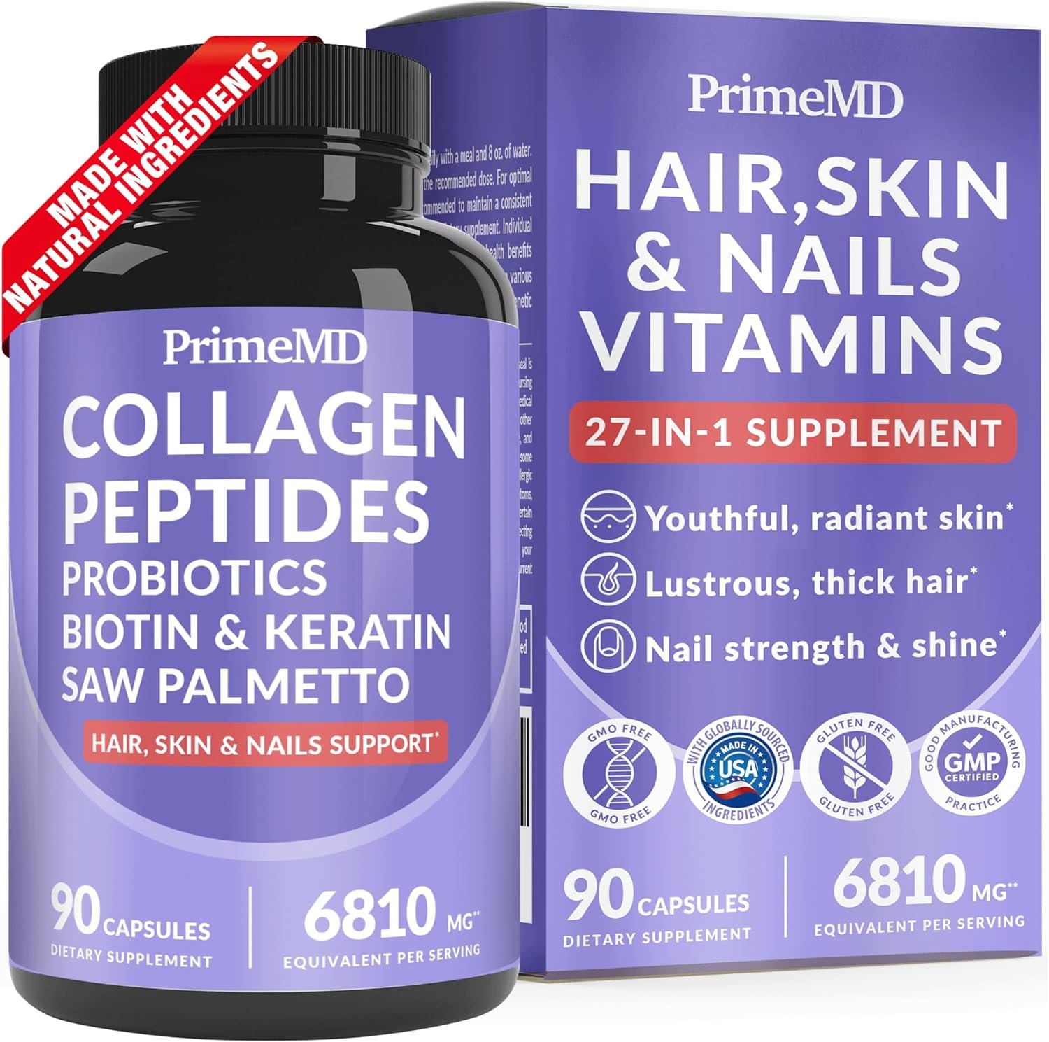 27-in-1 Hair Skin and Nails Vitamins (6810mg) with Biotin 10000mcg – Collagen Supplements for Men and Women – Keratin Supplements with Probiotics and Saw Palmetto, 90ct
