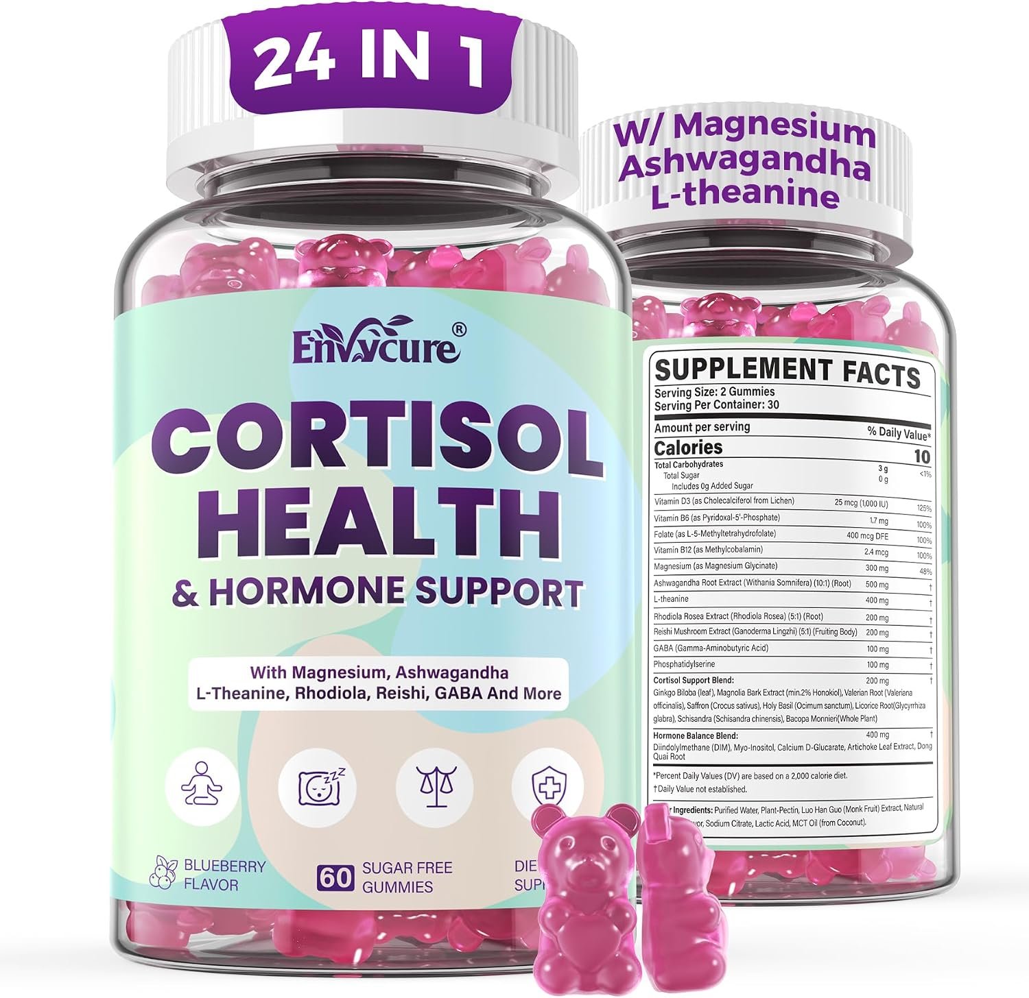 Cortisol Supplements for Women & Men, Cortisol Reducer Gummies w/ Magnesium, Ashwagandha, L-Theanine, Rhodiola, Reishi, 24 IN 1 Cortisol Detox Manager for Calm Mood, Focus & Relaxation,Vegan, 120 Cts
