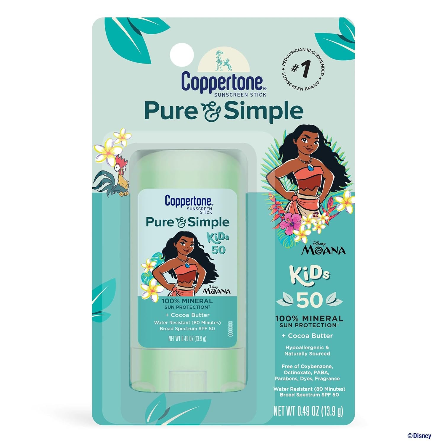 Coppertone Pure and Simple Kids Exclusive Disney Moana Sunscreen Stick SPF 50, Hypoallergenic, Mineral Sunscreen for Kids, Water Resistant, Oxybenzone and Octinoxate Free, 0.49 Oz Stick