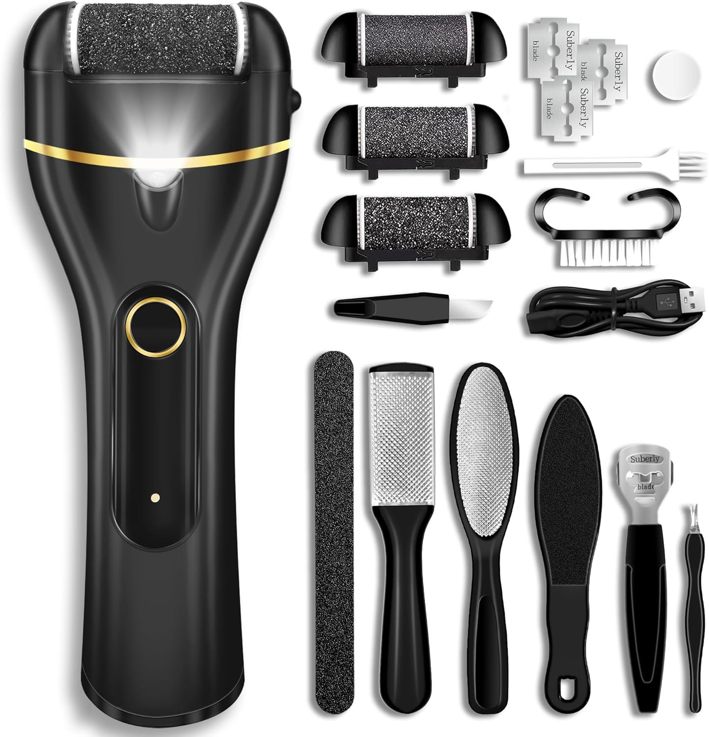 Electric Foot Callus Remover Electric Callus Remover for Feet Waterproof with 3 Rollers 2 Speed Battery Display,17 in1 Rechargeable Foot File Pedicure Kits for Dead Hard Cracked Dry Skin