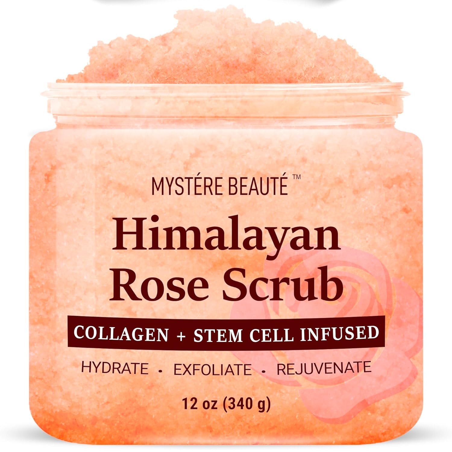 MYSTÉRE BEAUTÉ Himalayan Salt Body Scrub with Collagen & Rose Oil (12 oz) – Exfoliating Scrub for Cellulite, Acne, Scars & Stretch Marks – Deep Cleansing & Moisturizing – Natural Skin Care Gift