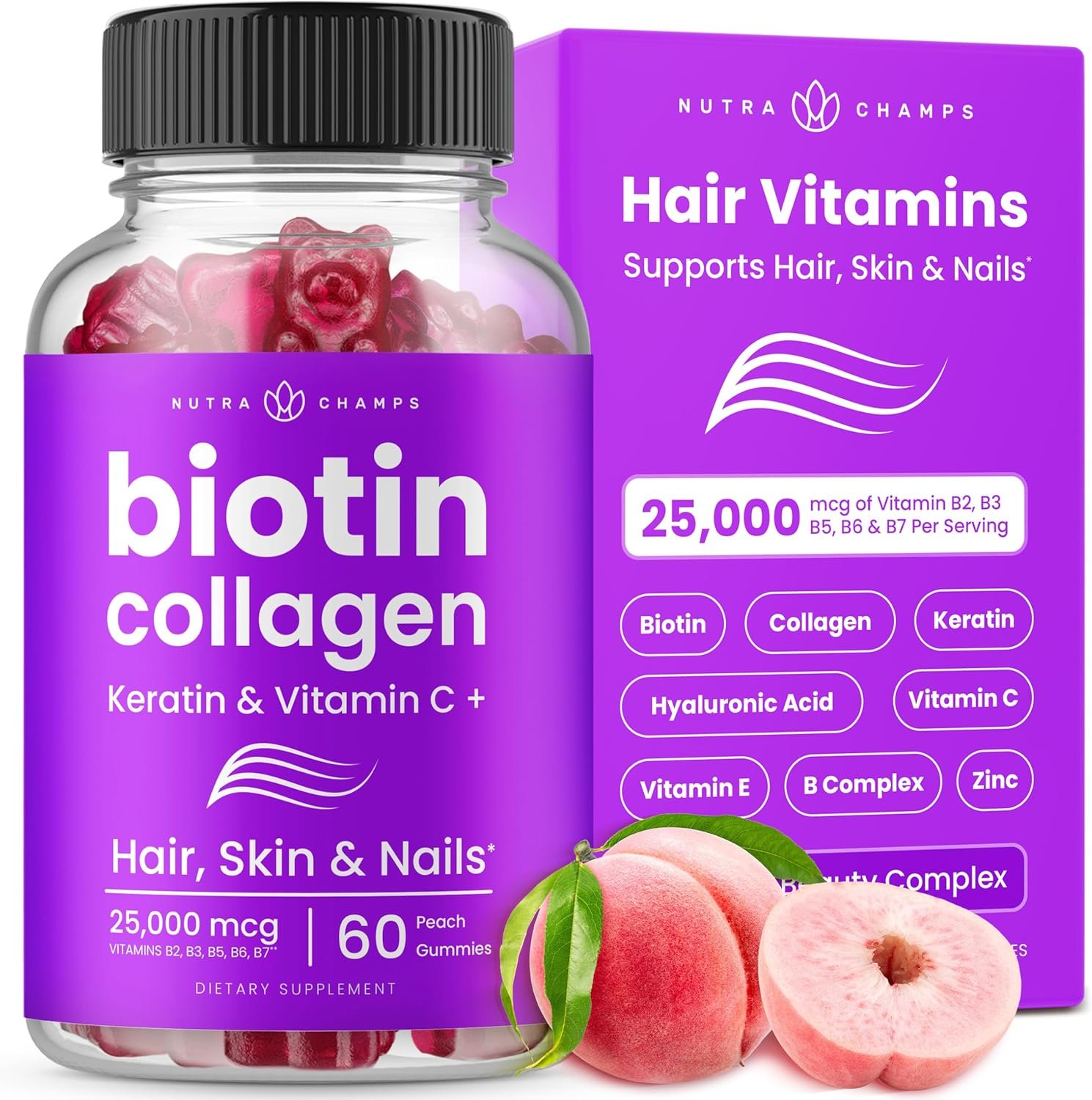 NutraChamps Biotin Gummies 5000mcg with Collagen, Keratin & More – Hair Skin and Nails Vitamins for Women & Men – Support Normal Hair Growth Cycle – Enhanced with Vitamin C, D3, Zinc