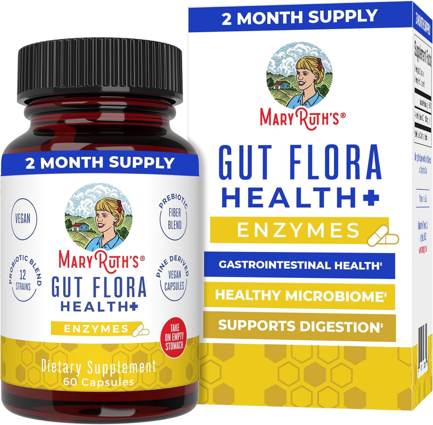 MaryRuth’s Gut Flora Health+ Enzymes | Prebiotic & Probiotic Digestive Enzymes for Healthy Gut Biome & Digestive Support | Gastrointestinal Health | CLP Certified | 60 Capsules | 2 Month Supply