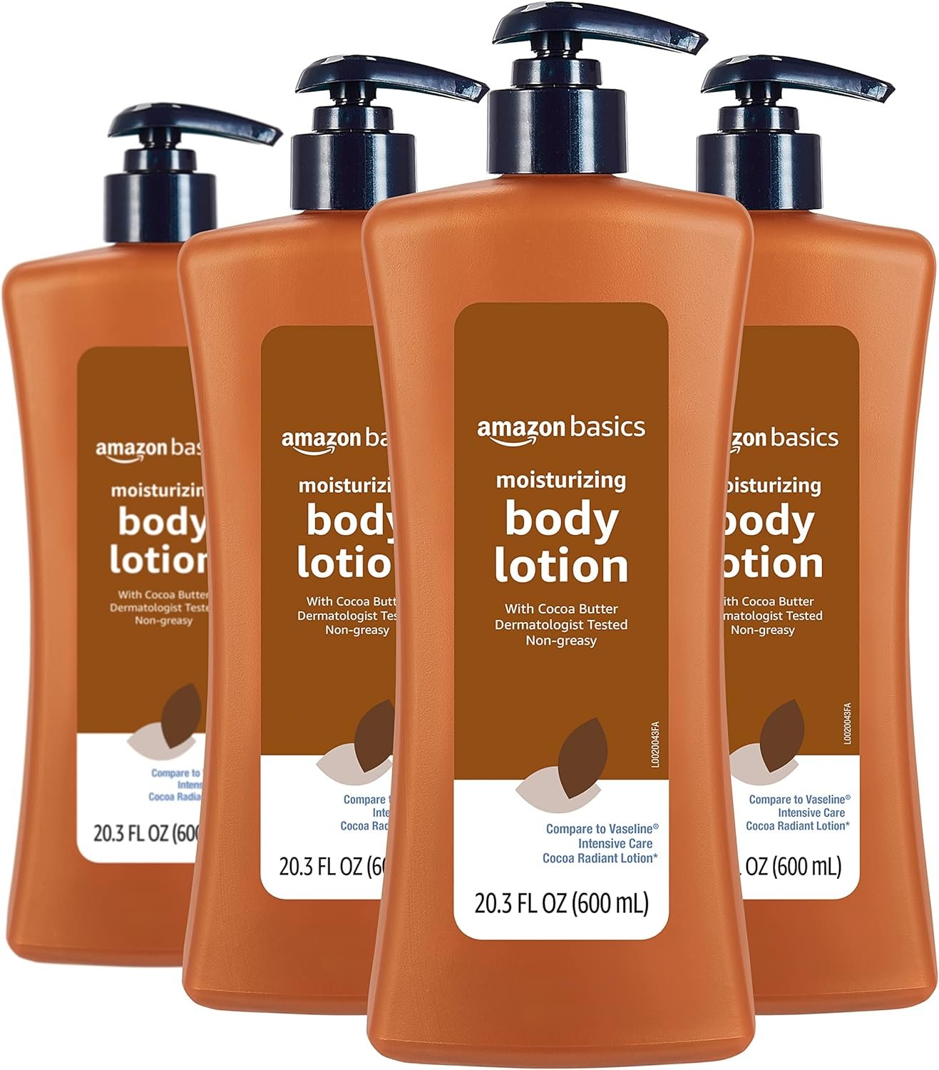 Amazon Basics Moisturizing Cocoa Butter Body Lotion for Dry Skin, Non-Greasy, Paraben Free, Lightly Scented, 20.3 Fl Oz, 4-Pack