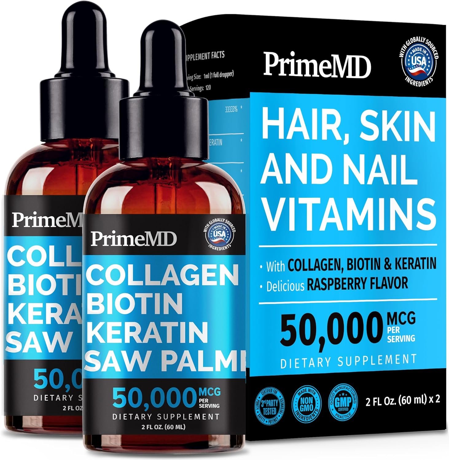 Liquid Collagen Peptides for Women – Serum Complex with Biotin Vitamin, Hydrolyzed Keratin Protein and Saw Palmetto – Comprehensive Formula for Hair, Skin, and Nails Wellness – 2fl oz (Pack of 2)