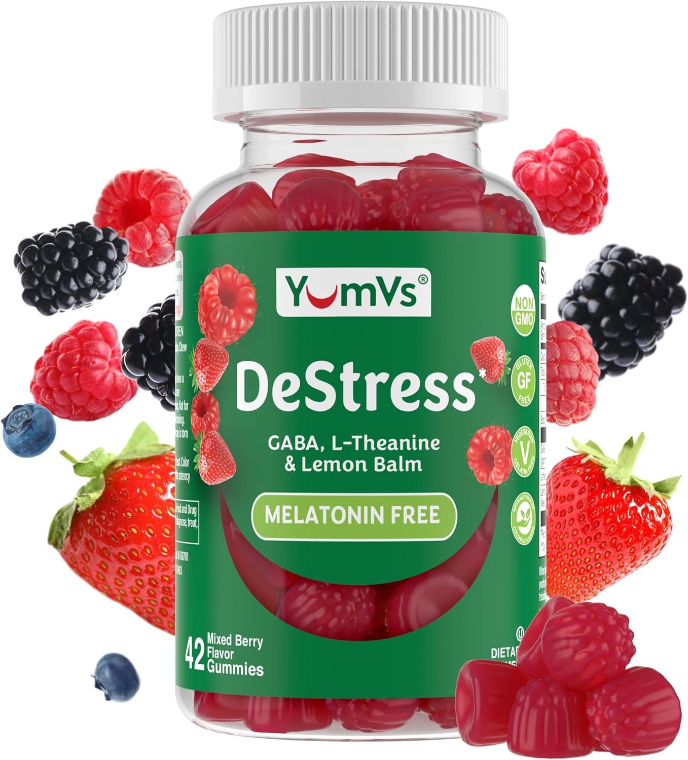YumV’s De-Stress Gummies with GABA, L-Theanine and Lemon Balm – Mixed Berry Flavor – Calming Gummies for Adults and Teens – Gluten Free Non-GMO Vegetarian Mood Support Relax Supplement (42 Count)