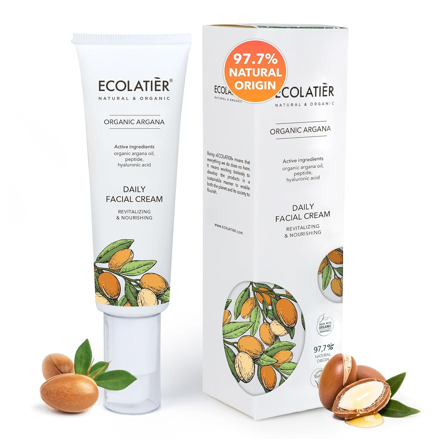 Daily Face Cream with Organic Argan Oil – Revitalizing & Nourishing, Moisturizer with Hyaluronic Acid & Vitamin E, Vegan, 97.2% Natural Ingredients, 1.7 Fl Oz – ECOLATIER