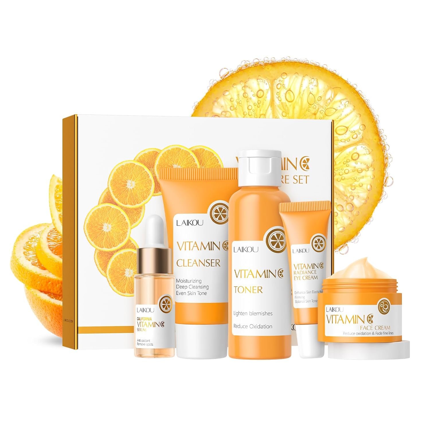LAIKOU Vitamin C Skin Care, Skin Care Set with Cleanser, Toner, Serum, Eye Cream, Face Cream for Women Teen Girls Mom Daughter Mother’s Day Christmas Birthday Beginner Kit TSA-friendly 5pcs