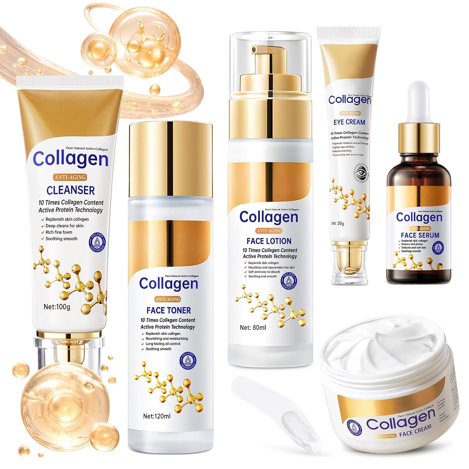Collagen Skin Care Set, Anti Aging Skincare Set for Face, Shrink Pores, Hydrate & Firm Skin, 6 Pcs Individually Packaged Skincare Kits for Women with Cleanser, Toner, Lotion, Serum, Cream, Eye Cream.