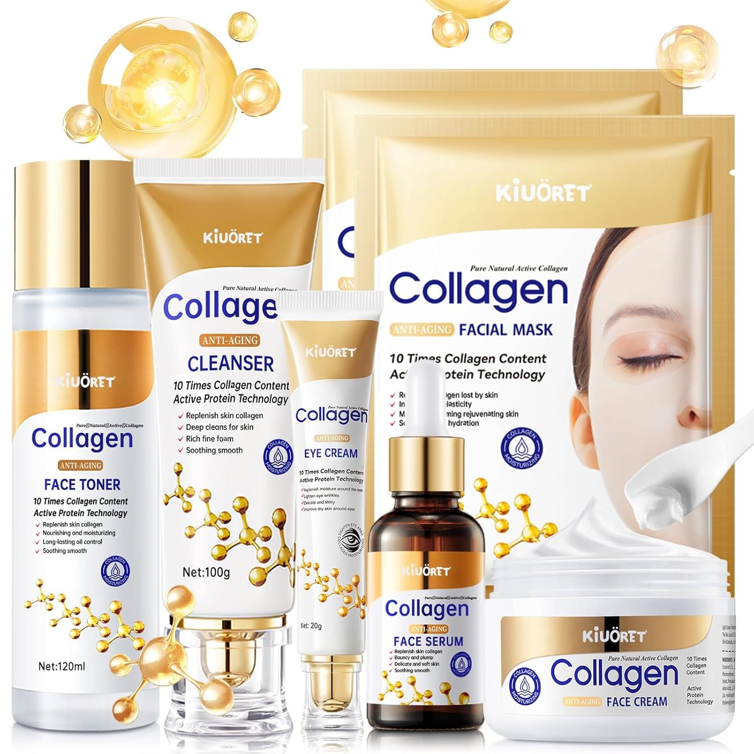 Collagen Skin Care Set – 7PCS Moisturizing Skin Care Set Reduce Wrinkles & Fine Lines, Long-Lasting Oil Control, Firm Skin – With Cleanser, Toner, Serum, Eye Cream, Face Cream & Facial Masks