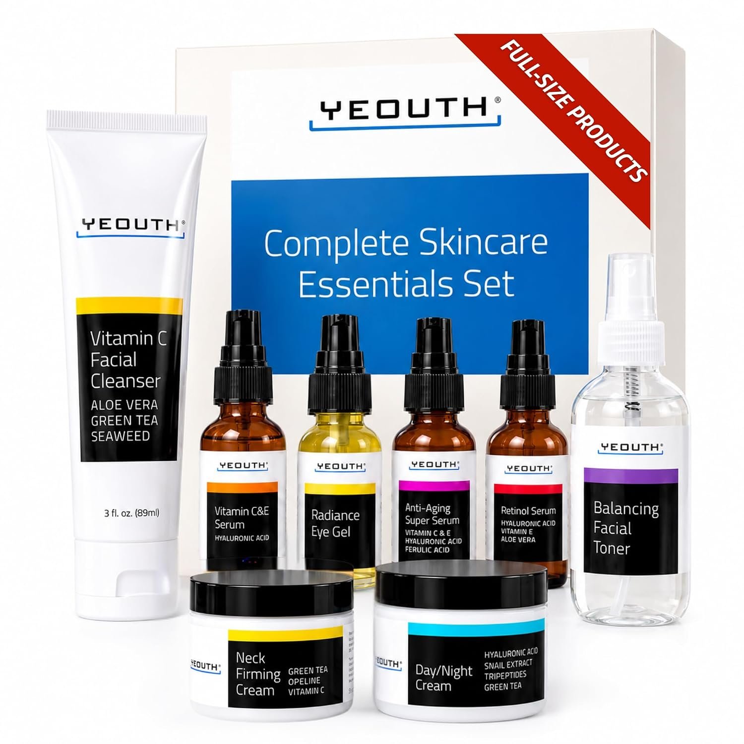 YEOUTH 8-Piece Full Size Skin Care Set for Visibly Smoother-Looking Skin | Face Serum Set with Retinol, Vitamin C, and Pure Hyaluronic Acid Serum for a Complete Day and Night Routine