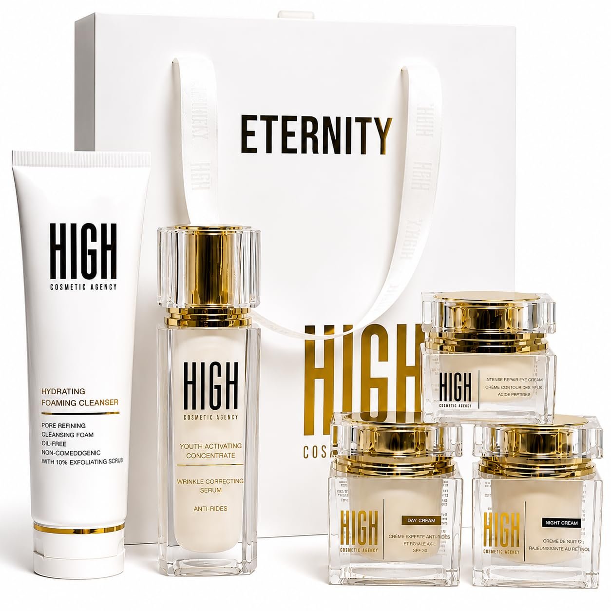ETERNITY 5-Step Anti-Aging Skincare Set – Complete Face Care Routine with Cleanser, Wrinkle Correcting Serum, Eye Cream, Day Cream SPF 30 & Night Cream | Luxury Skincare Gift Set