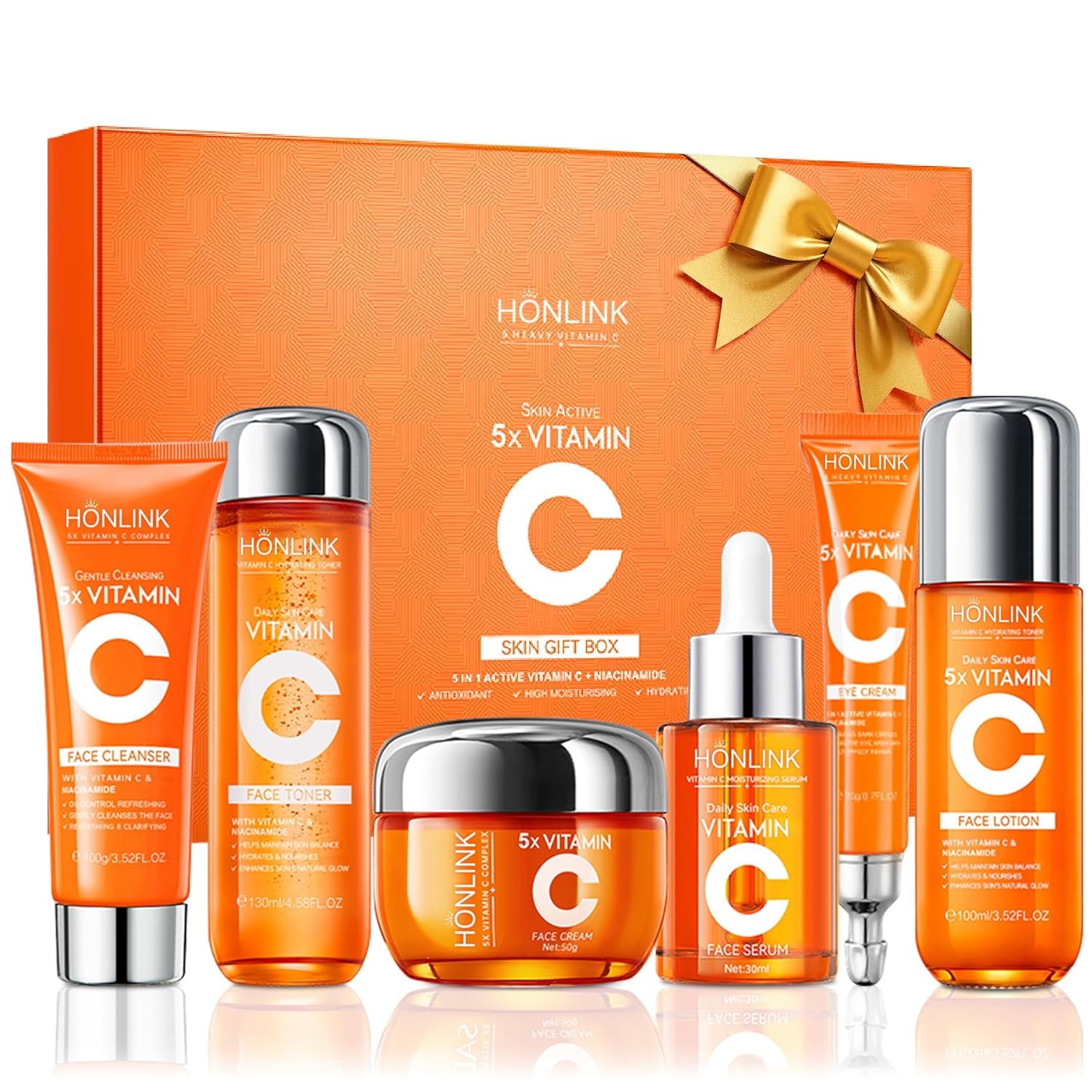 6-Piece Hydrating Vitamin C Skincare Set with Niacinamide, Daily Face Care Routine Includes Cleanser, Toner, Serum, Moisturizer, Eye Cream & Body Lotion for Self Care